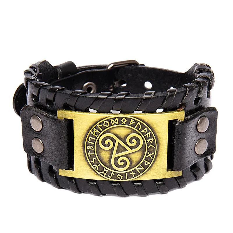 Nordic Talisman Wide Leather Bracelet Viking Solomon Totem Alloy Top Layer Leather Bracelet