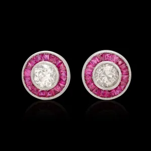 Old Euro Diamond Stud Platinum Earrings with Ruby Halos