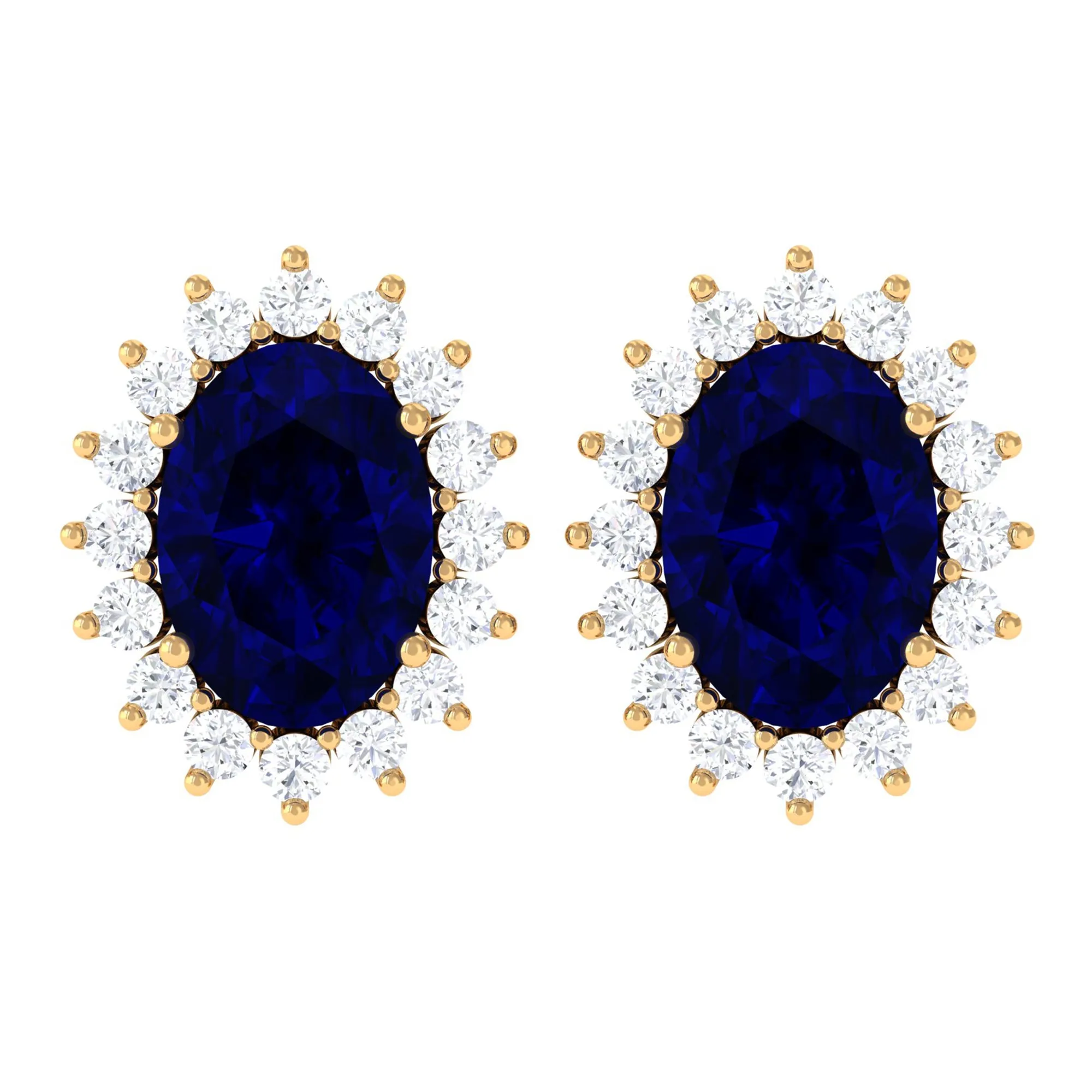 Oval Cut Created Blue Sapphire Halo Stud Earrings with Diamond