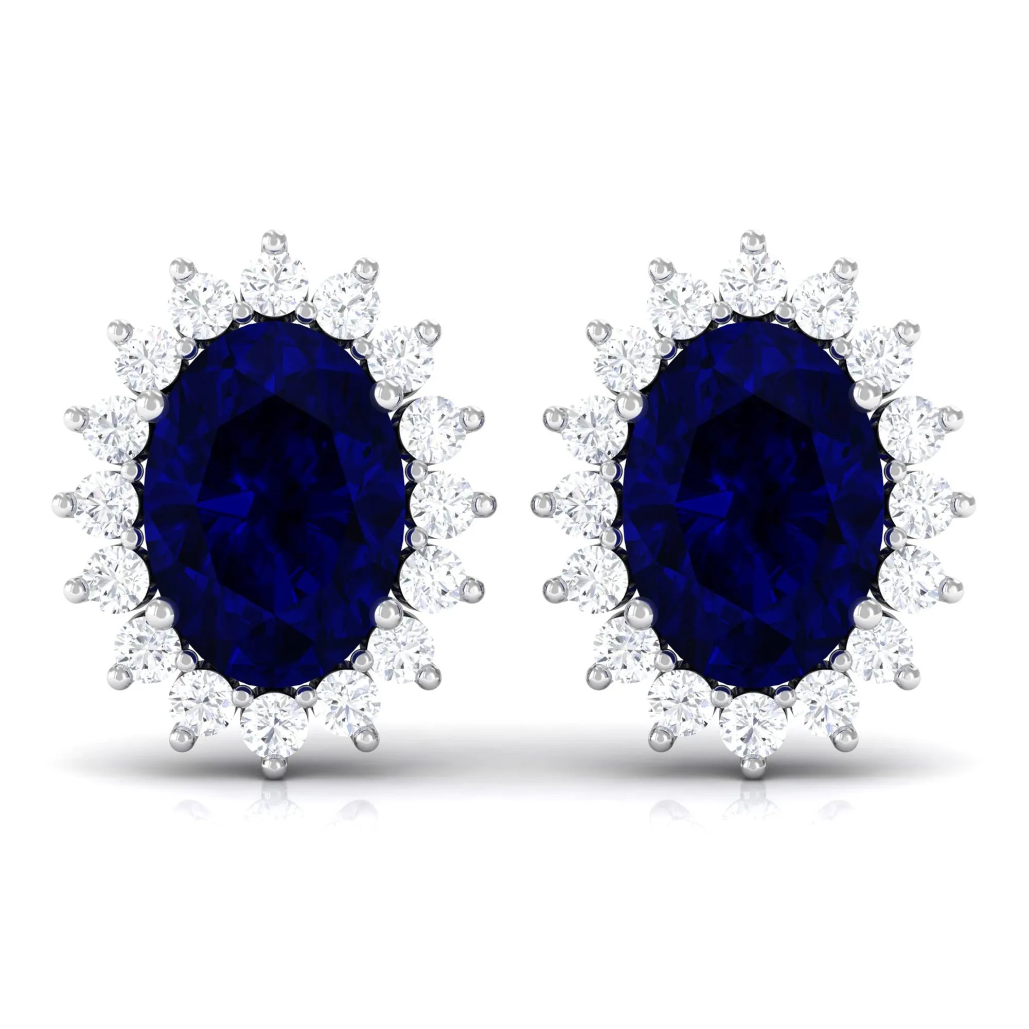 Oval Cut Created Blue Sapphire Halo Stud Earrings with Diamond