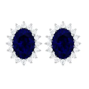 Oval Cut Created Blue Sapphire Halo Stud Earrings with Diamond