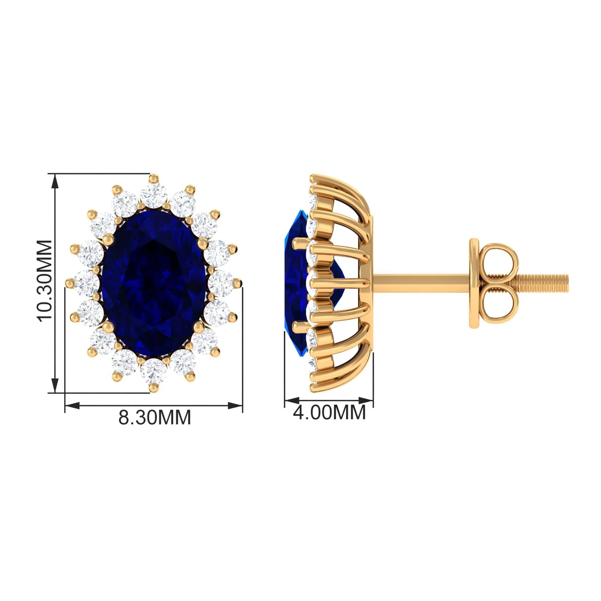 Oval Cut Created Blue Sapphire Halo Stud Earrings with Diamond