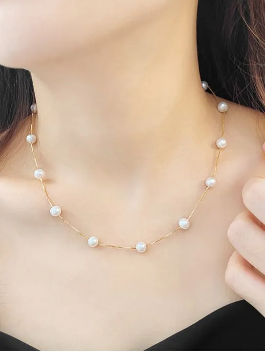 Pearl Necklace 2 in 1 Lariat and Short Choker Style Real Freshwater Pearls Natural Dainty Jewelry - KESLEY