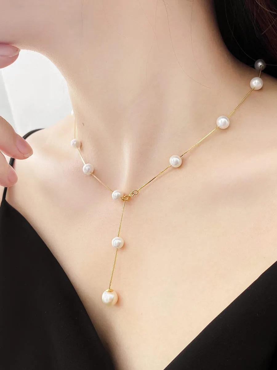 Pearl Necklace 2 in 1 Lariat and Short Choker Style Real Freshwater Pearls Natural Dainty Jewelry - KESLEY