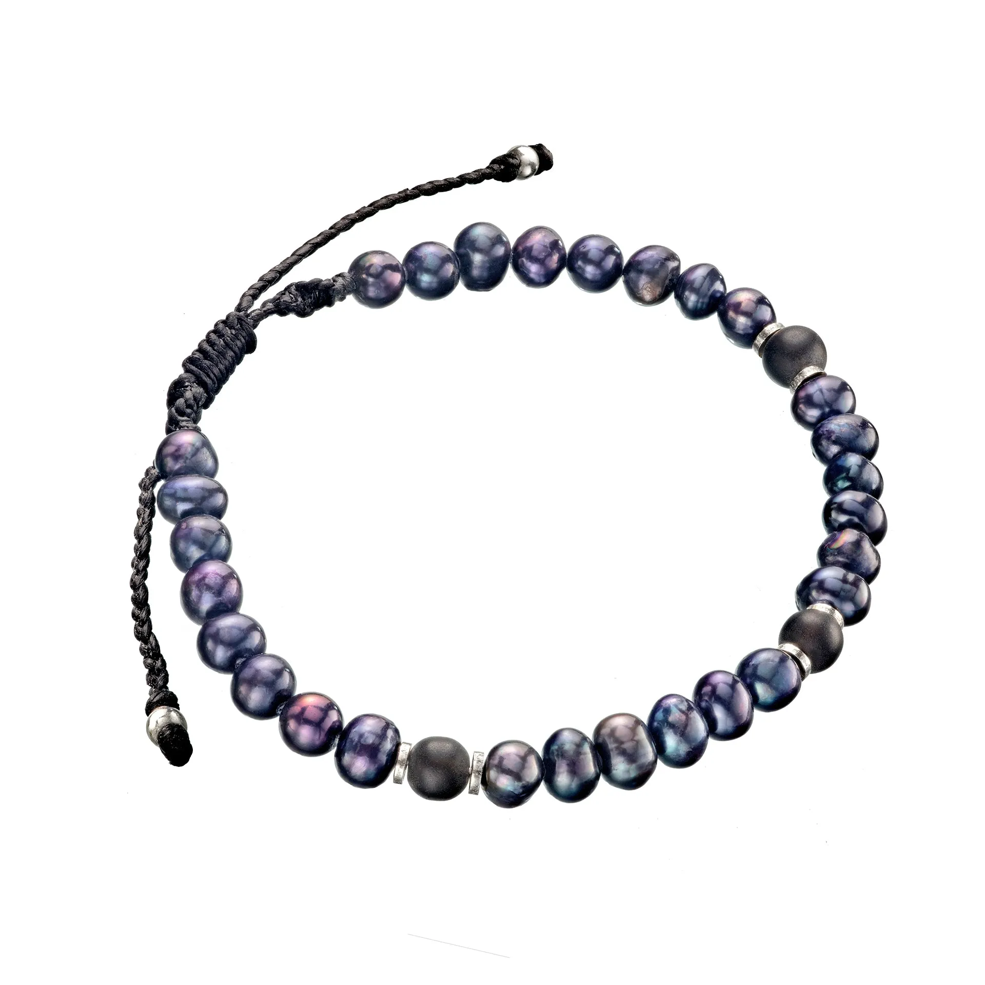 Pearl, Onyx Sterling Beaded Pull Cord Bracelet