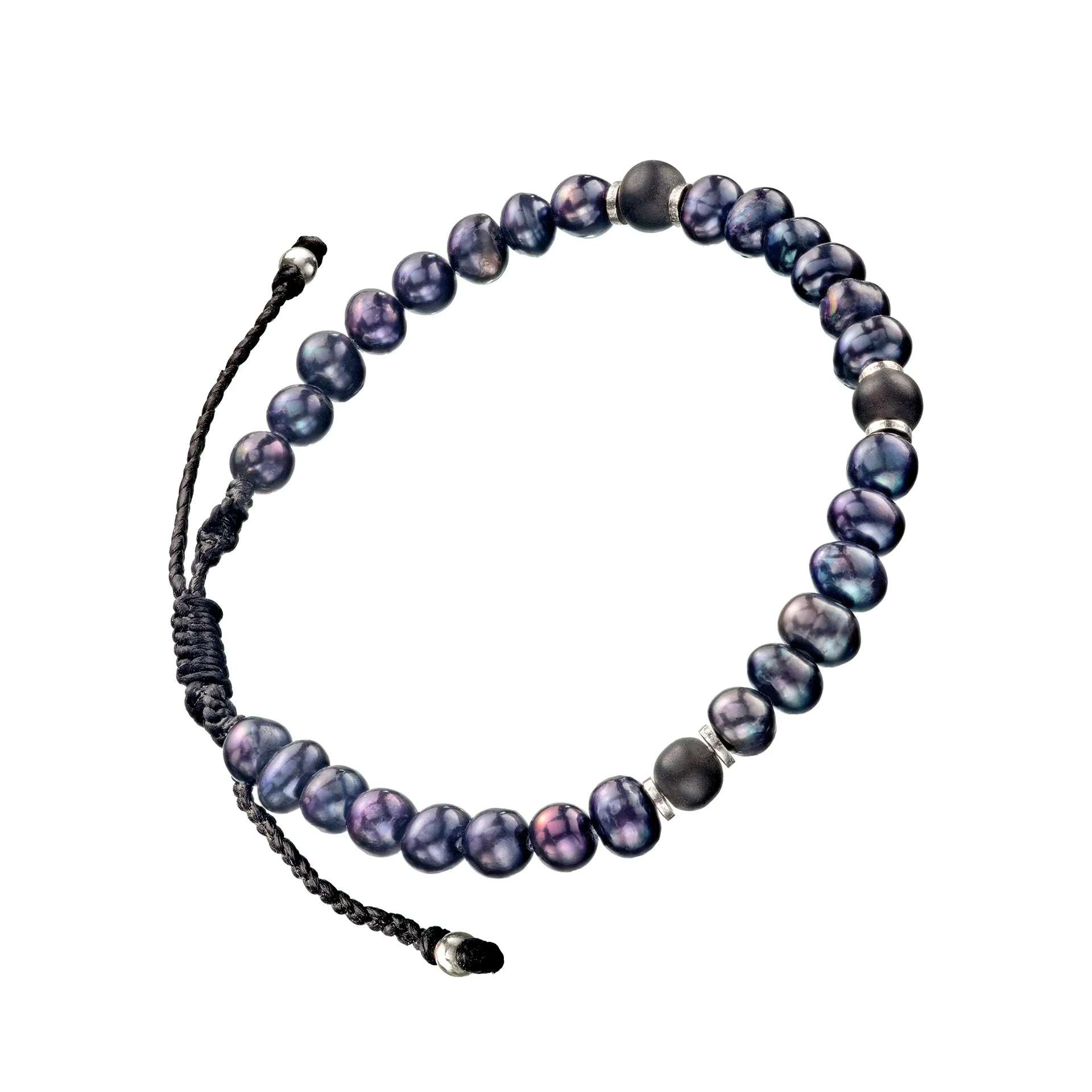 Pearl, Onyx Sterling Beaded Pull Cord Bracelet