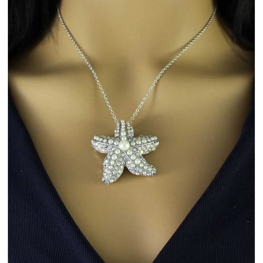 Pearls and Crystals Starfish Pendant on Silver-tone Chain - PT337P