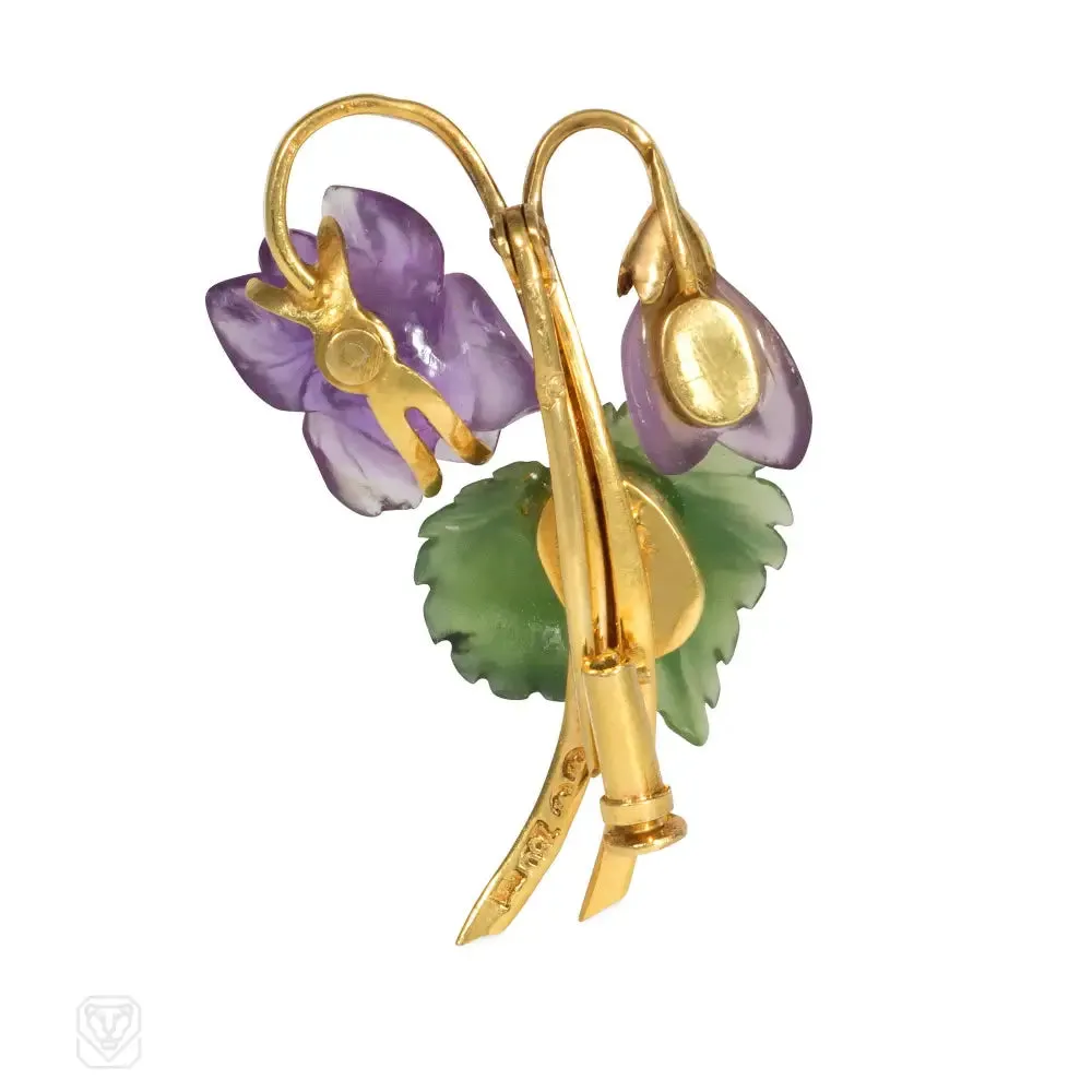 Retro carved amethyst and nephrite flower brooch