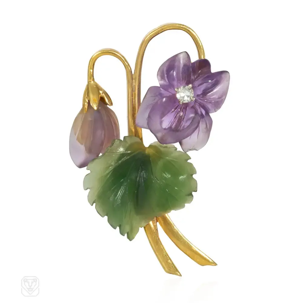 Retro carved amethyst and nephrite flower brooch