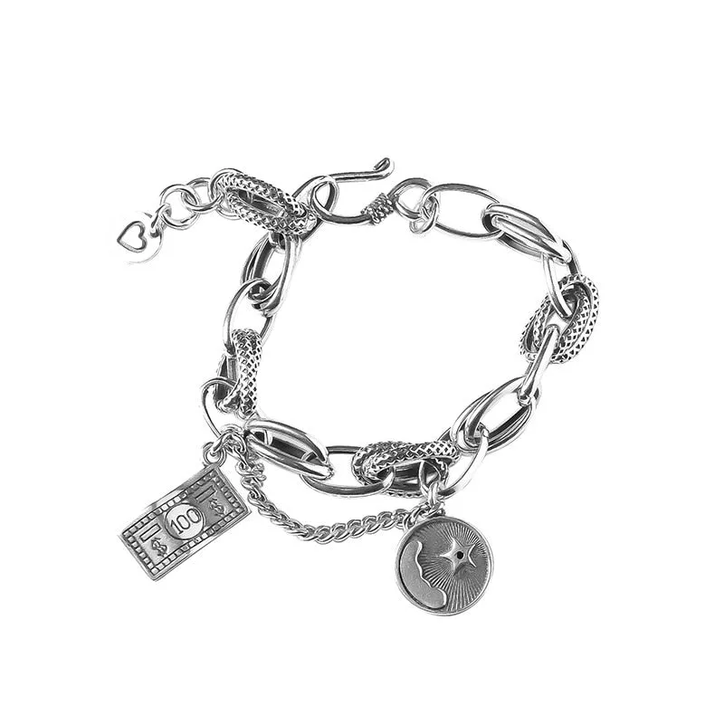 Retro Style S925 Sterling Silver Money Tag Star Bracelet