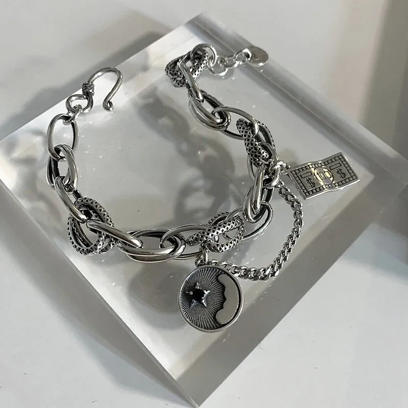 Retro Style S925 Sterling Silver Money Tag Star Bracelet