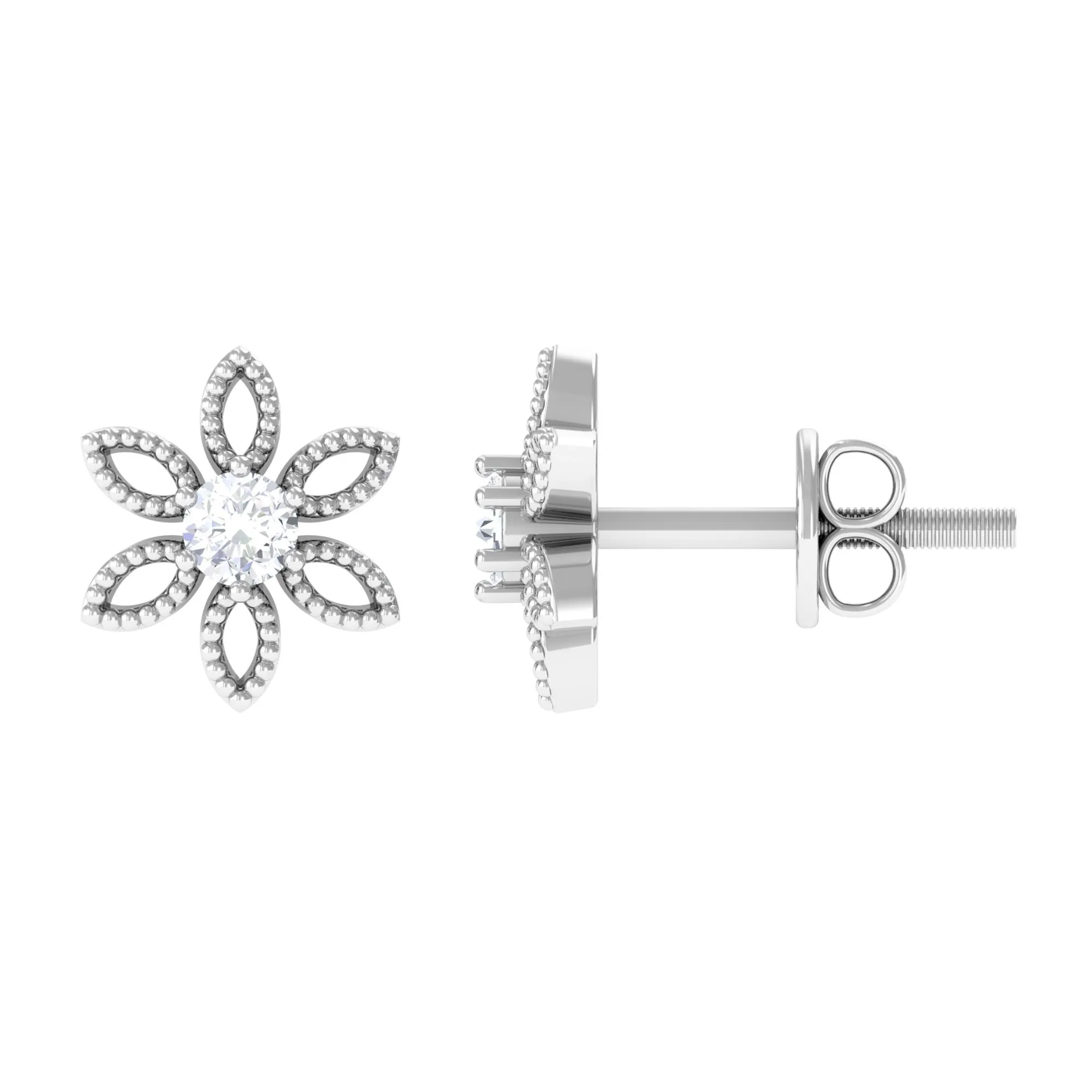 Round Cut Diamond Flower Stud Earrings with Beaded