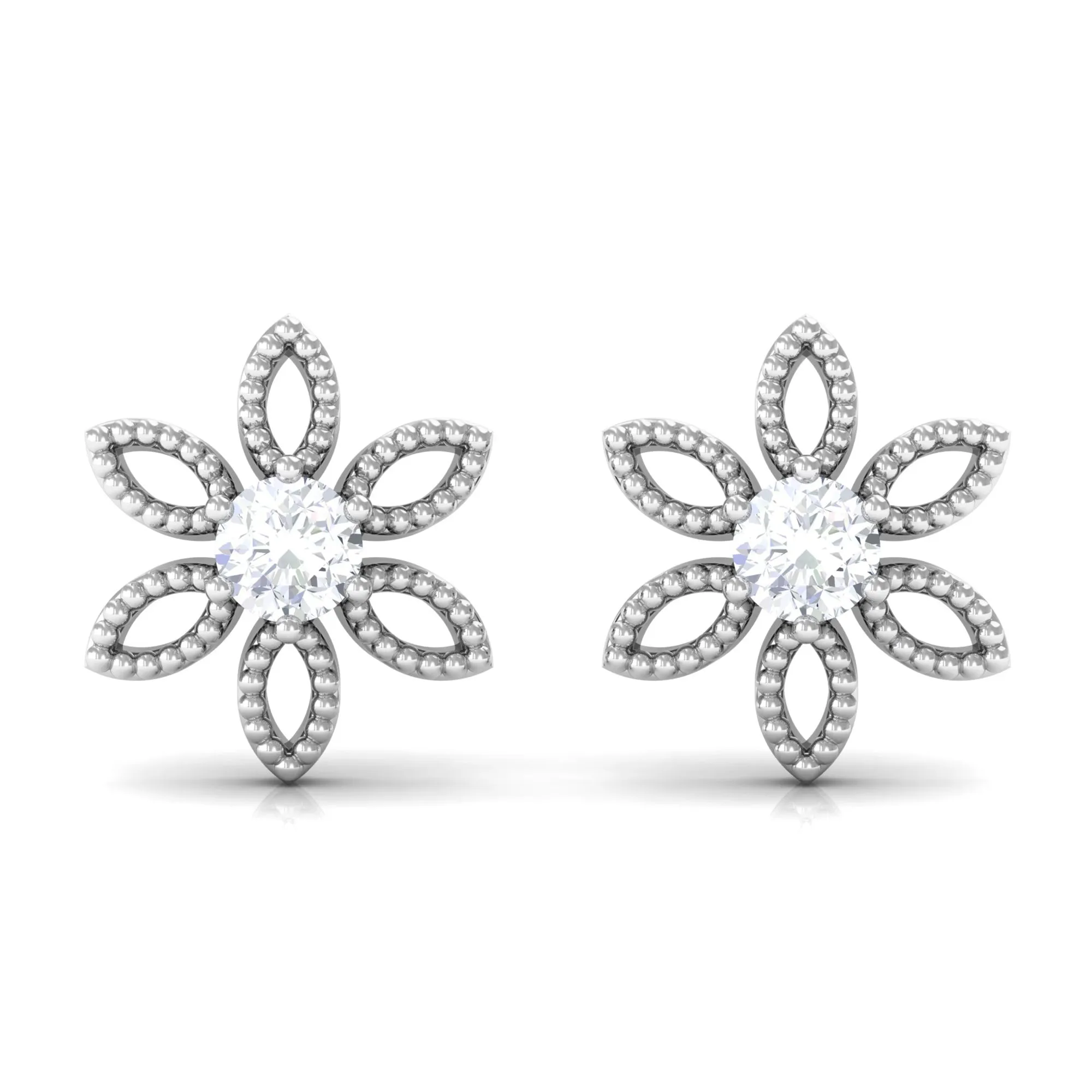 Round Cut Diamond Flower Stud Earrings with Beaded