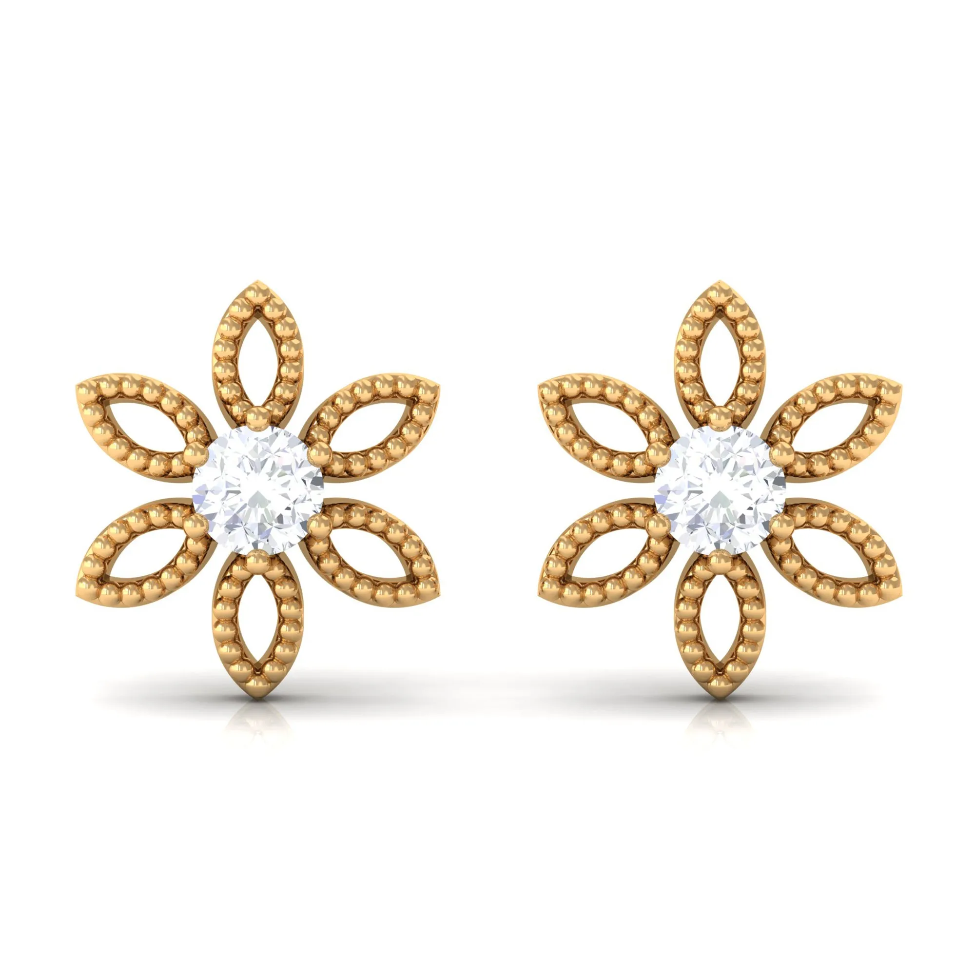 Round Cut Diamond Flower Stud Earrings with Beaded