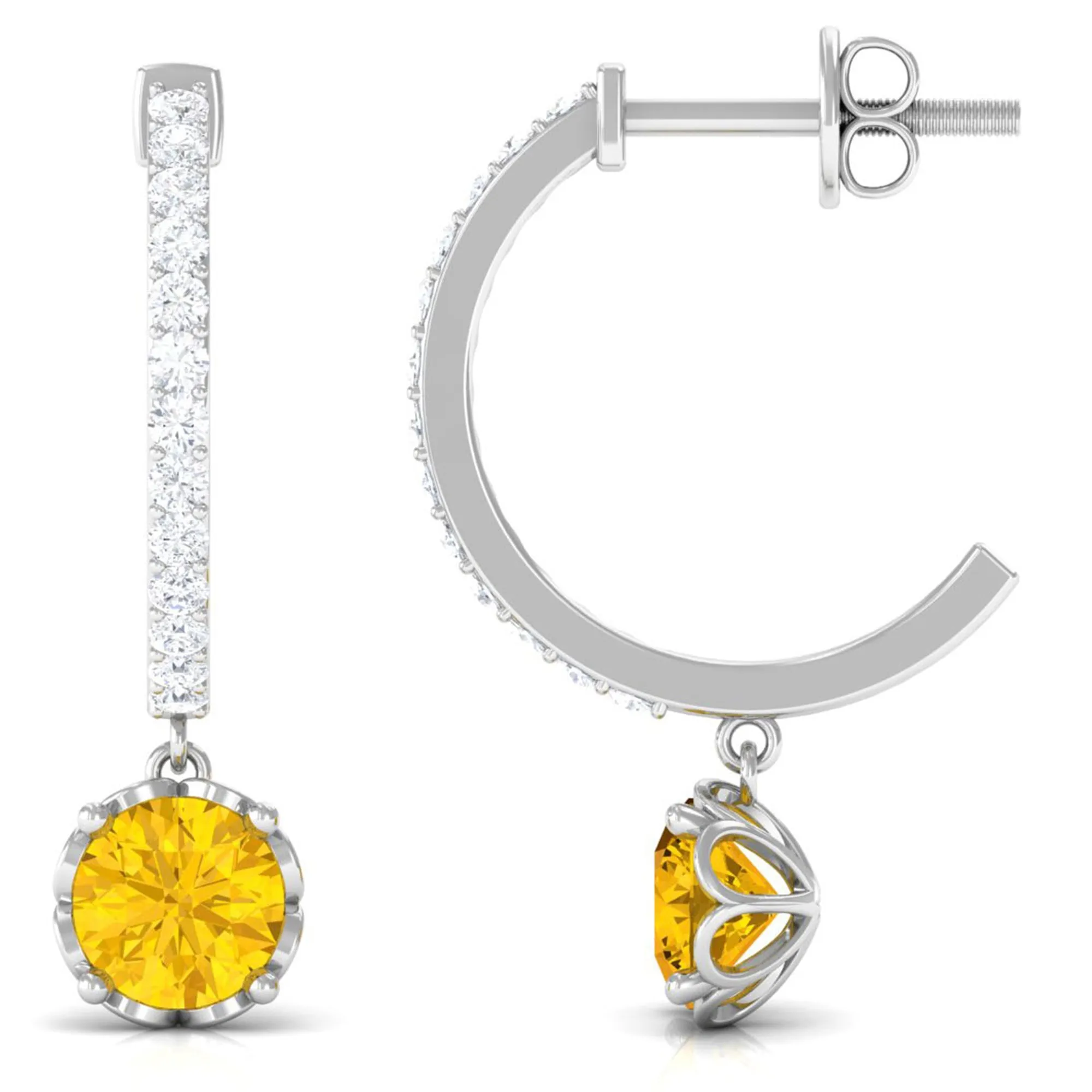 Round Lab Grown Yellow Sapphire Hoop Drop Earrings with Diamond