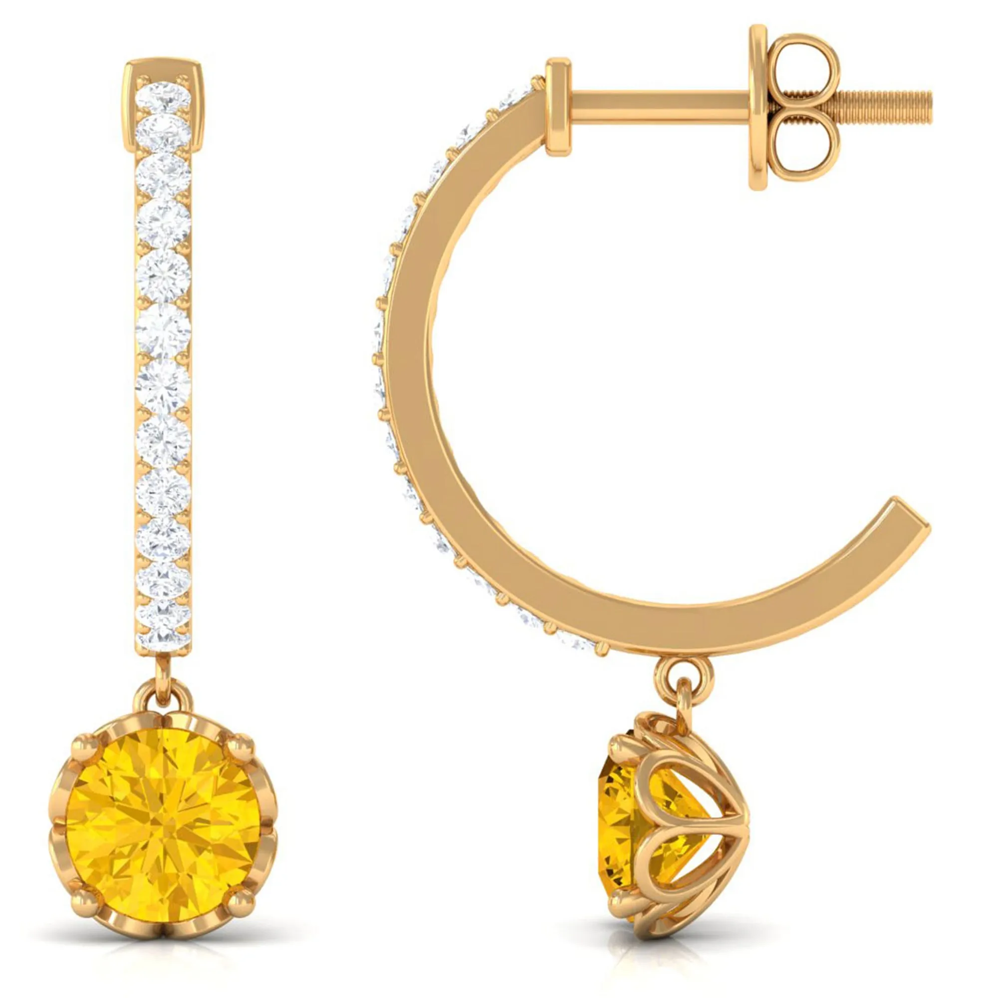 Round Lab Grown Yellow Sapphire Hoop Drop Earrings with Diamond