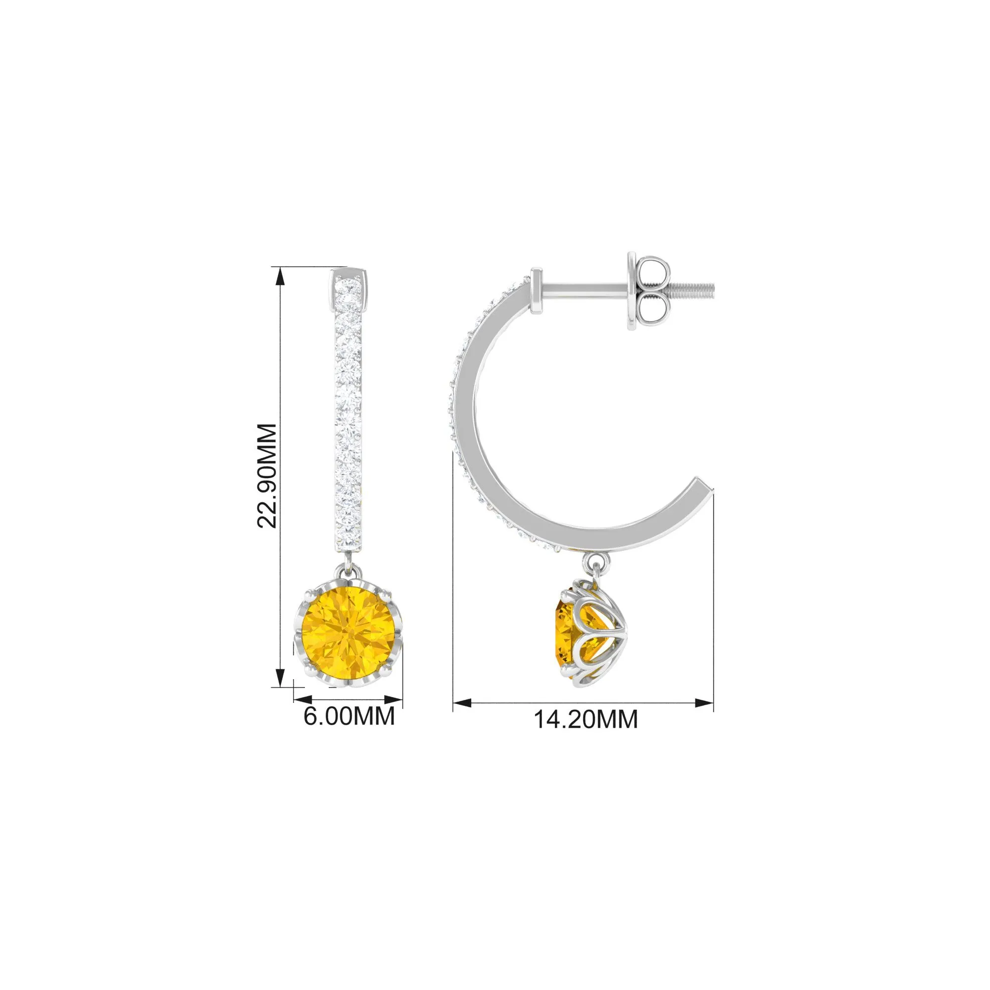 Round Lab Grown Yellow Sapphire Hoop Drop Earrings with Diamond