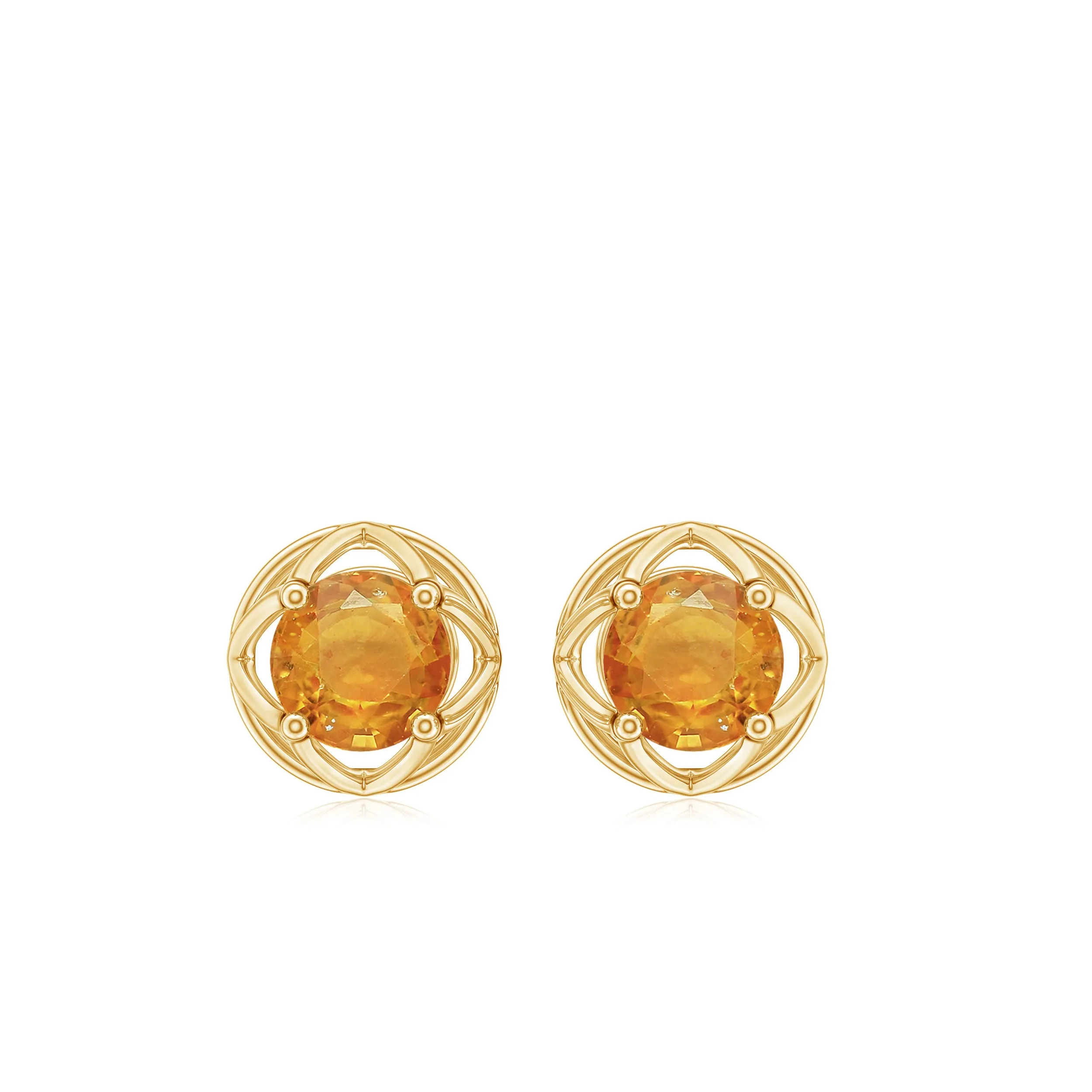 Round Shape Solitaire Orange Sapphire Flower Stud Earrings