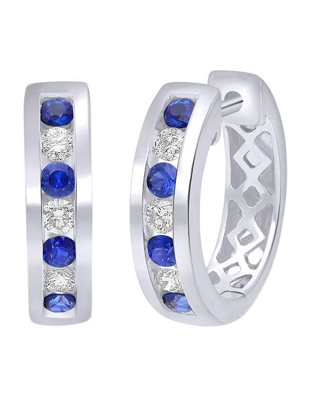 Sapphire Earrings - 10ct White Gold Sapphire & Diamond Hoop Earrings - 784302