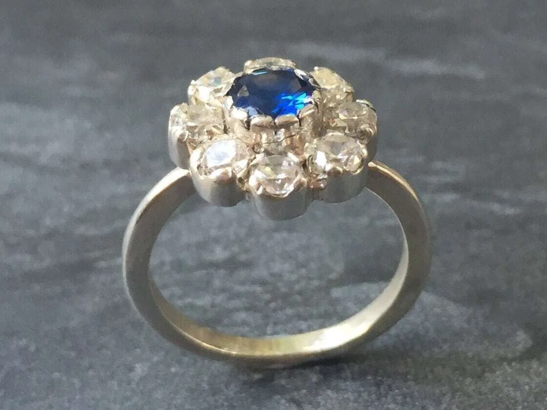 Sapphire Flower Ring - Diamond Silver Ring - Vintage Sapphire Ring