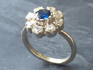 Sapphire Flower Ring - Diamond Silver Ring - Vintage Sapphire Ring