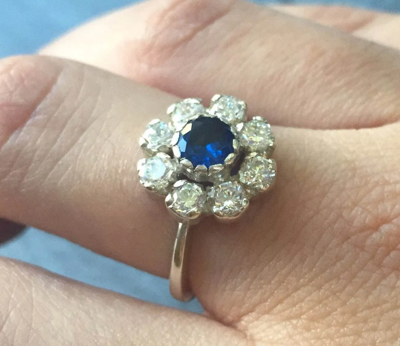 Sapphire Flower Ring - Diamond Silver Ring - Vintage Sapphire Ring