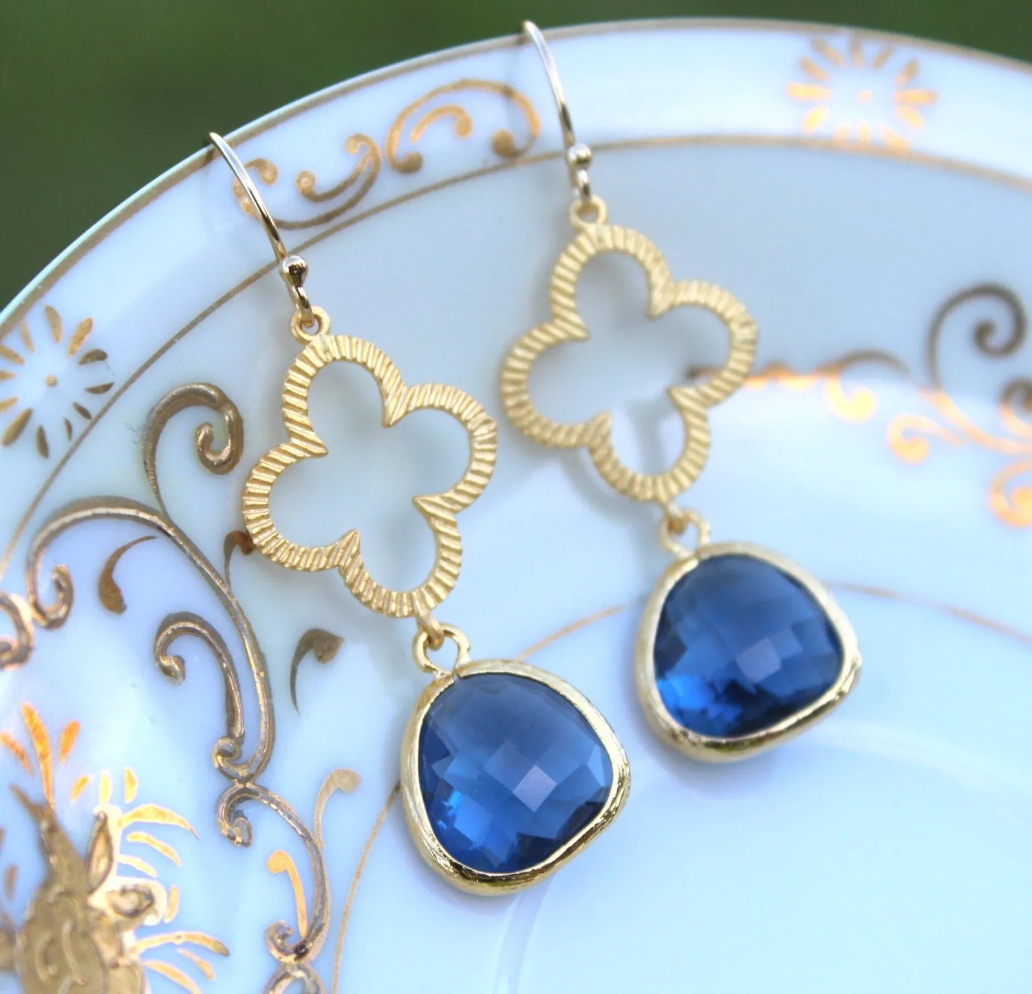 Sapphire Navy Blue Earrings Gold Clover Quatrefoil Earrings Jewelry - Bridesmaid Earrings - Wedding Earrings - Sapphire Wedding Jewelry