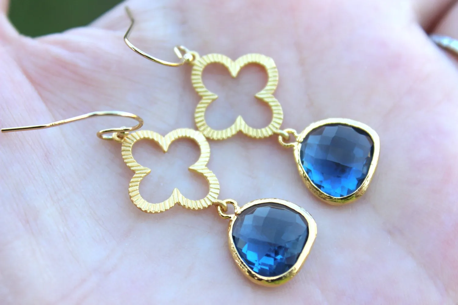 Sapphire Navy Blue Earrings Gold Clover Quatrefoil Earrings Jewelry - Bridesmaid Earrings - Wedding Earrings - Sapphire Wedding Jewelry