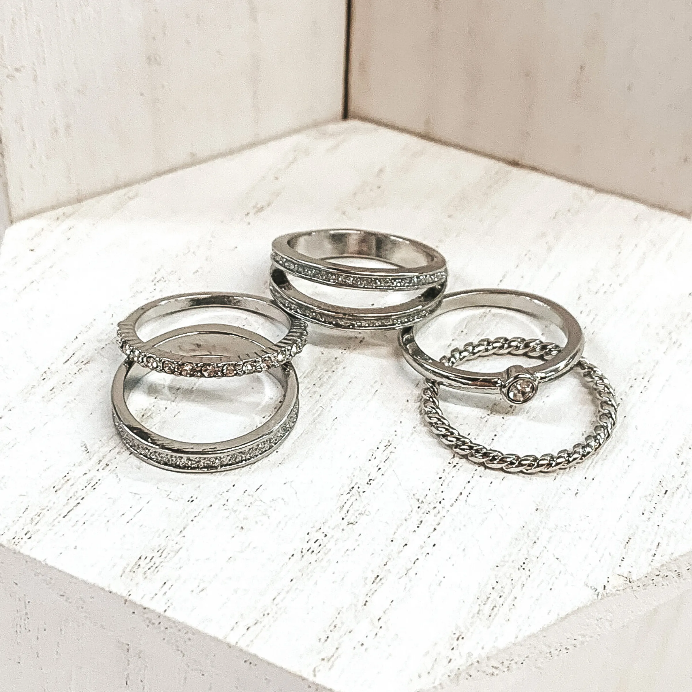 Set of 5 | Crystalized Ring Set in Silver Tone