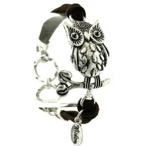 Silver Owl On A Branch Black Suede Bracelet