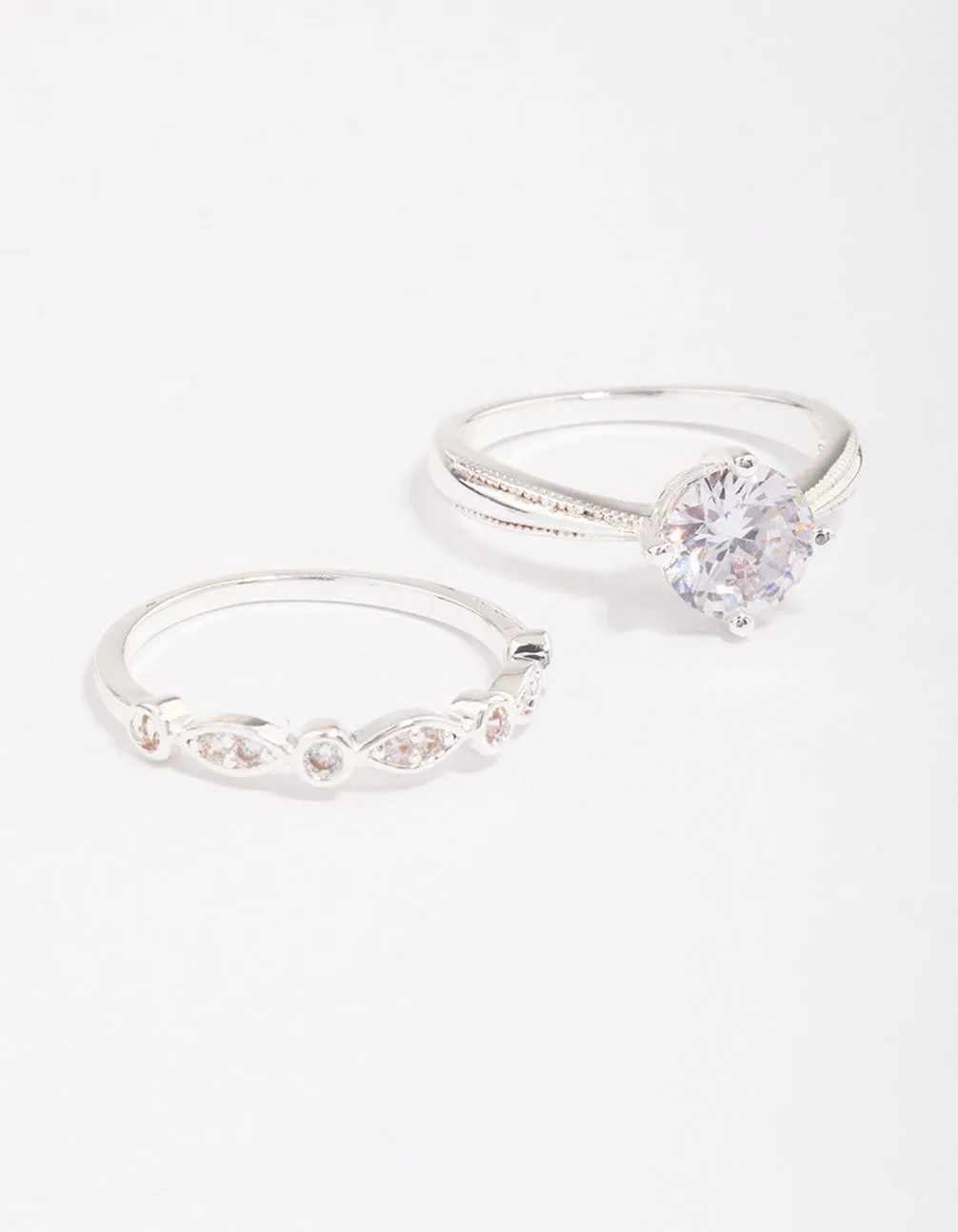 Silver Plated Cubic Zirconia Round Stone Ring Pack