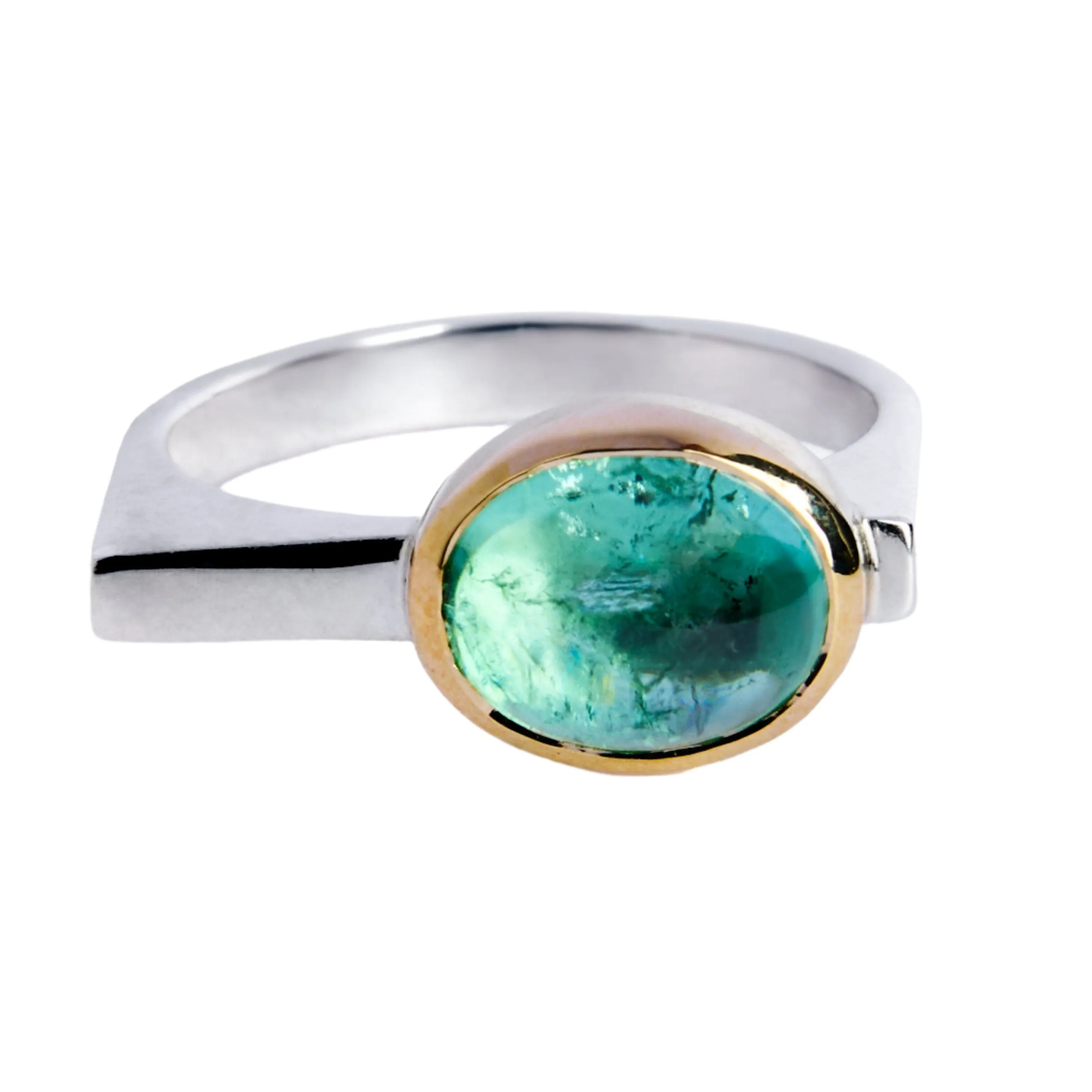 Silver ring with 9ct yellow gold bezel & green tourmaline size O