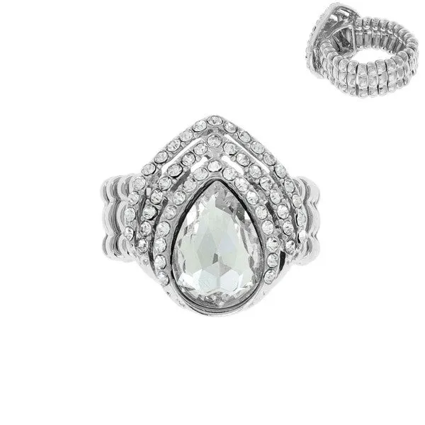 Silver Teardrop Crystal Gem Tipple Halo Stretch Ring