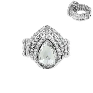 Silver Teardrop Crystal Gem Tipple Halo Stretch Ring