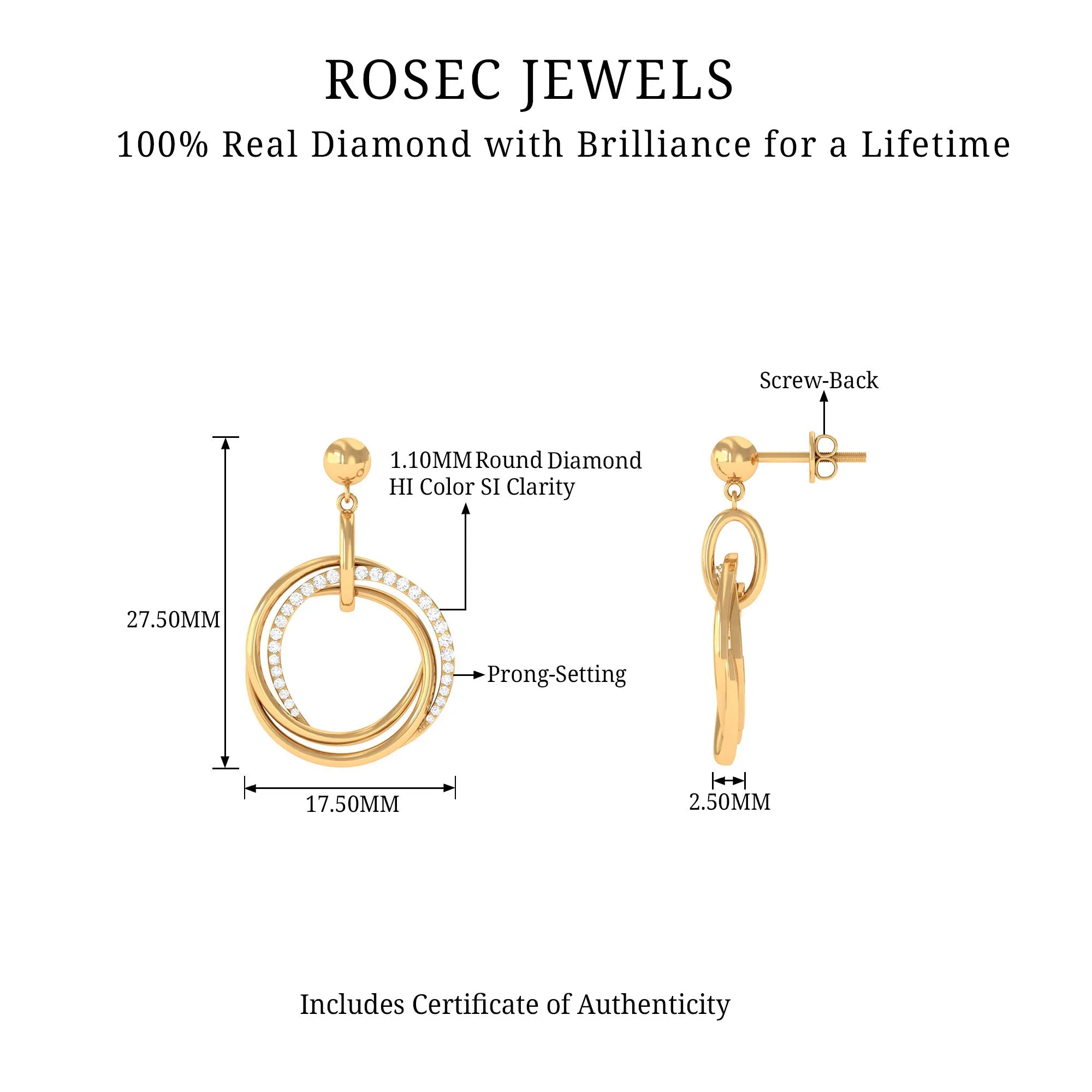 Simple Gold Diamond Drop Earring with Screw Back Closure