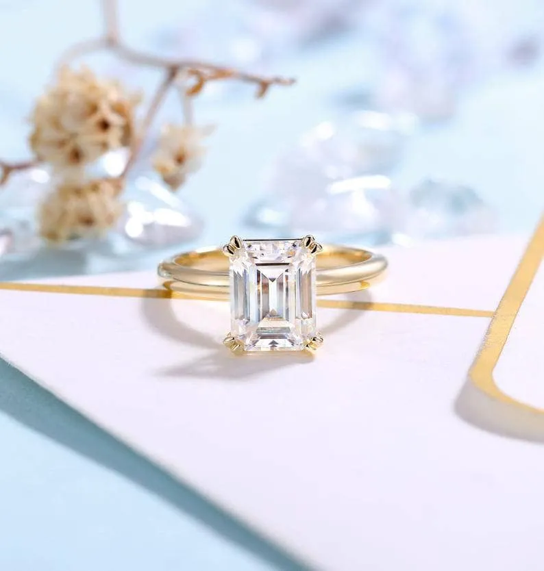 Solid 14K Yellow Gold 7*9mm Emerald Cut Diamond Solitaire Engagement Ring