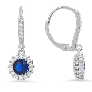 Sterling Silver Sapphire CZ Halo Leverback Earrings