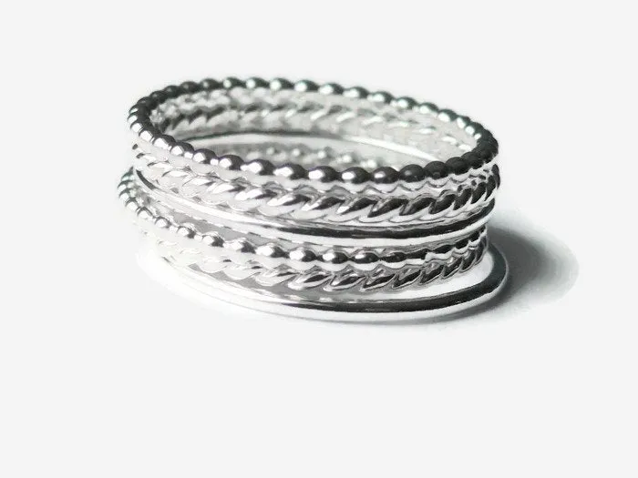 Sterling silver stacking rings set of 6 • Beaded, plain, and twist