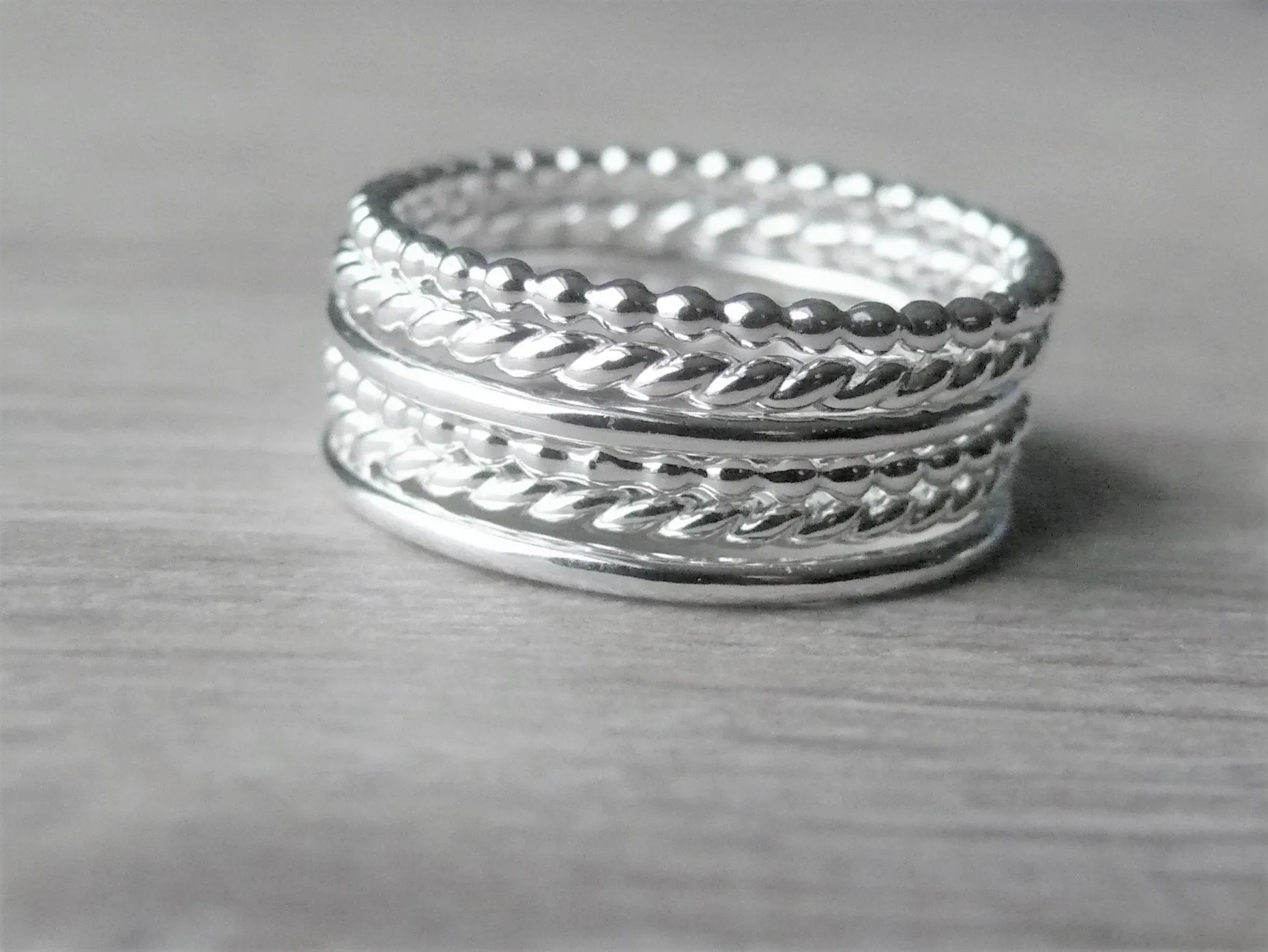 Sterling silver stacking rings set of 6 • Beaded, plain, and twist