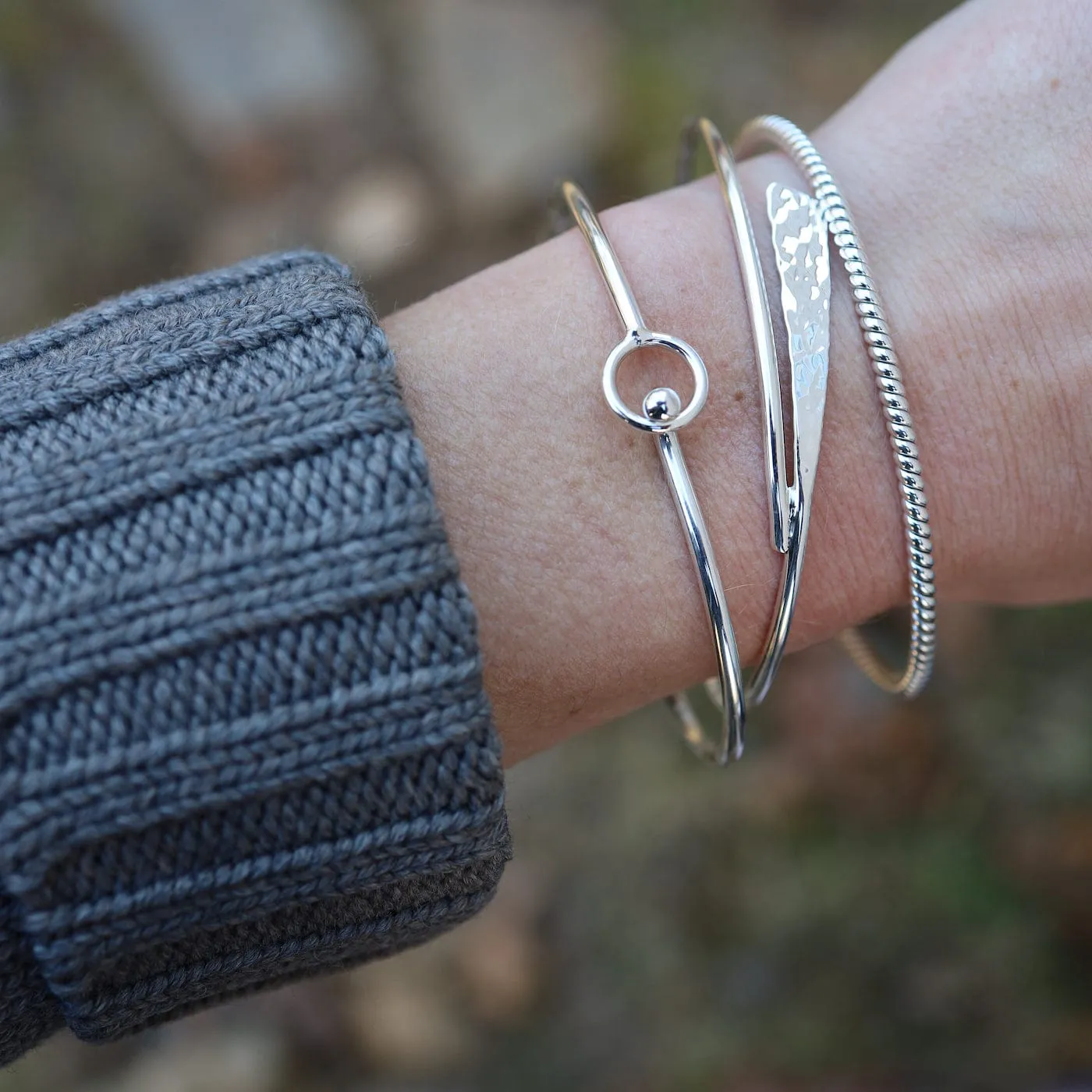 Sterling Silver Twisted Round Hook Bangle Bracelet