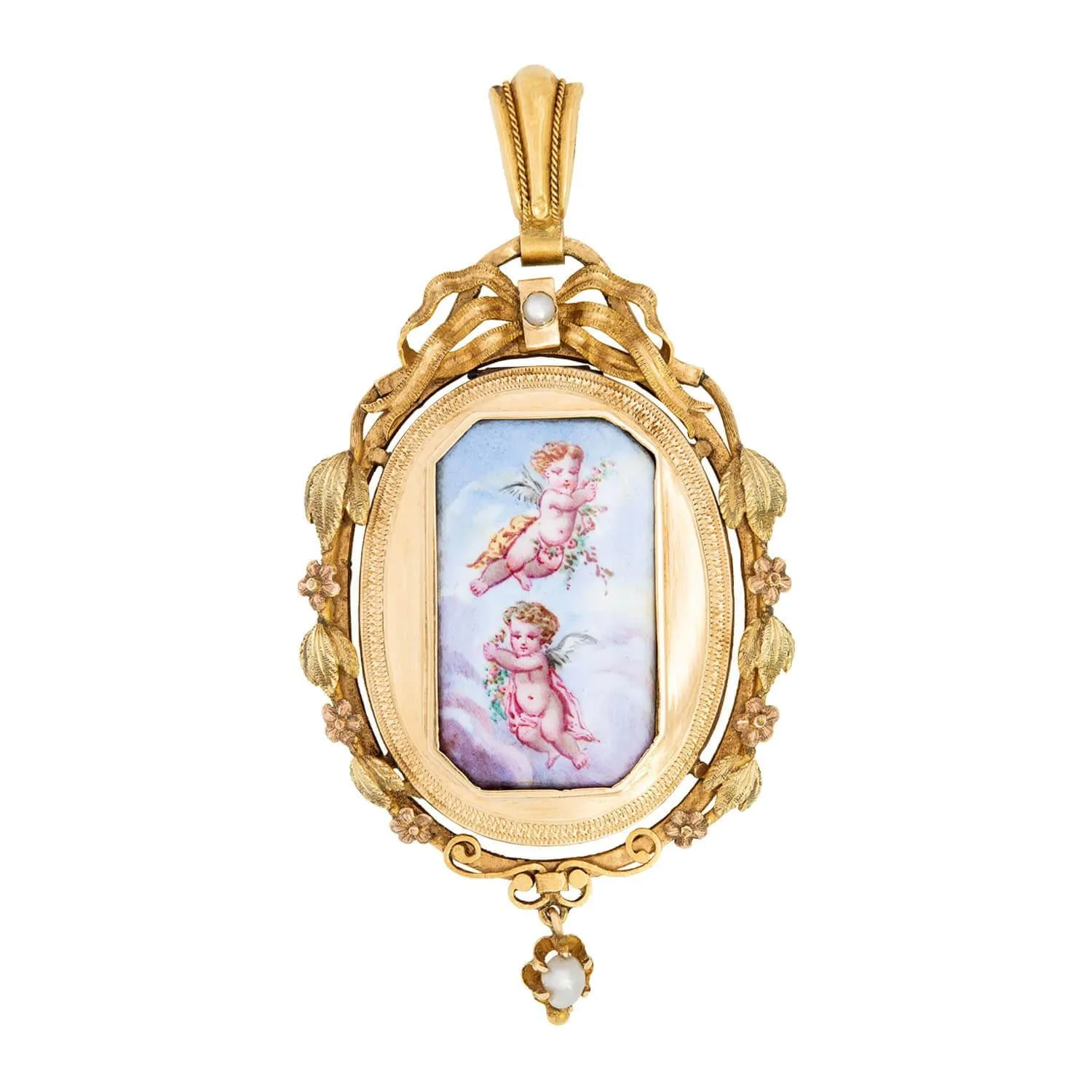 Victorian 14k Pearl Painted Enamel Cherub Locket Pendant