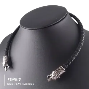 Viking Torc Silver Wolf Black Leather | Fenris