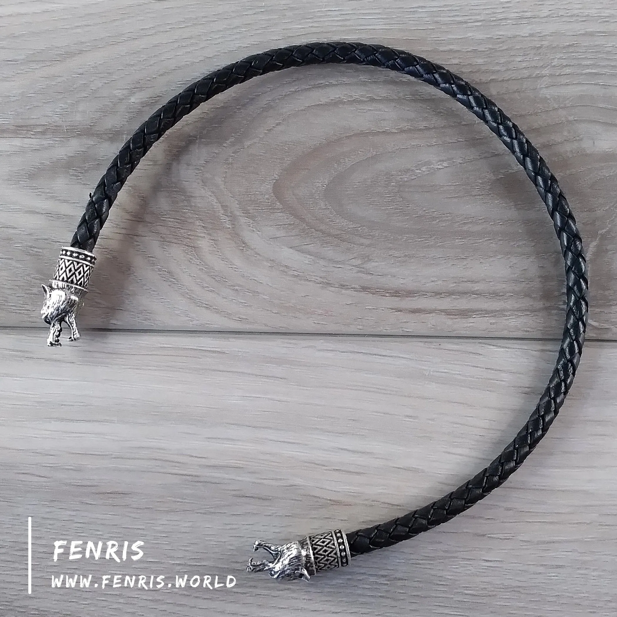 Viking Torc Silver Wolf Black Leather | Fenris