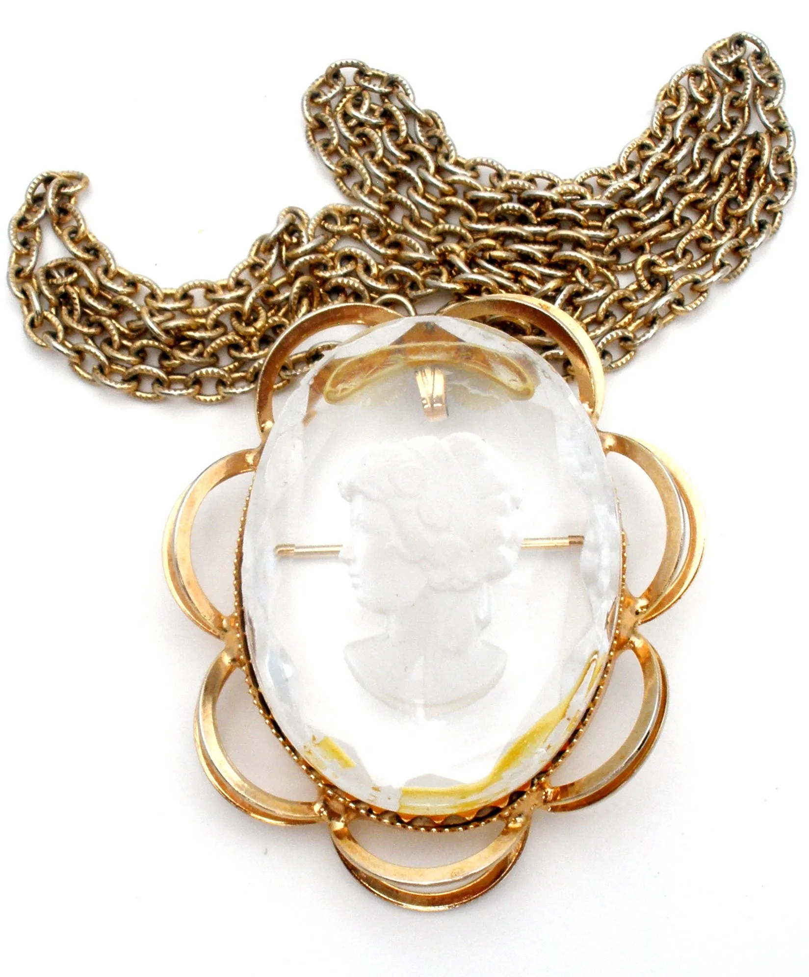 Vintage Clear Intaglio Pendant Necklace 24"