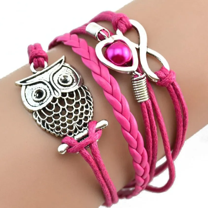 Women sterling-silver-jewelry Lovely Infinity Owl Pearl Friendship  Leather Bracelets