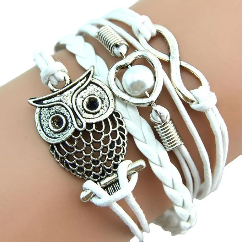 Women sterling-silver-jewelry Lovely Infinity Owl Pearl Friendship  Leather Bracelets