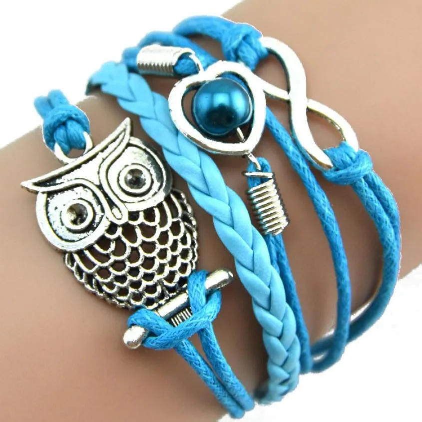 Women sterling-silver-jewelry Lovely Infinity Owl Pearl Friendship  Leather Bracelets