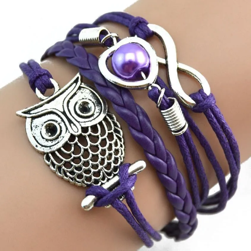 Women sterling-silver-jewelry Lovely Infinity Owl Pearl Friendship  Leather Bracelets